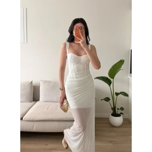 Bel Korse Eteği Tül Elbise - BEYAZ