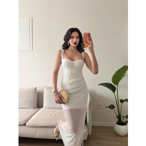 Bel Korse Eteği Tül Elbise - BEYAZ