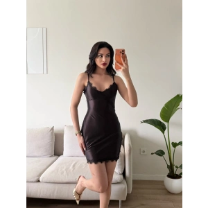 Dantel Detay Askılı Saten Elbise - KAHVE