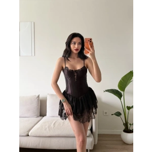 Bel Korse Eteği Dantel Elbise - KAHVE