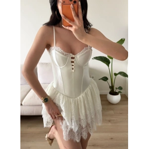 Bel Korse Eteği Dantel Elbise - BEYAZ