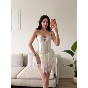 Bel Korse Eteği Dantel Elbise - BEYAZ