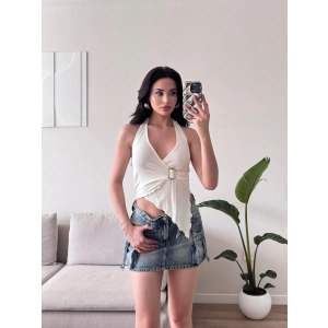 Kruvaze Tokalı Crop - BEYAZ