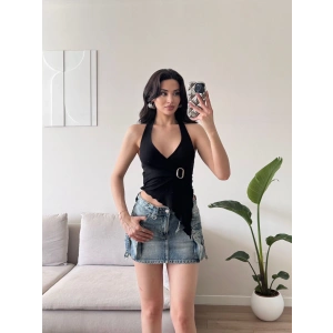 Kruvaze Tokalı Crop - SİYAH