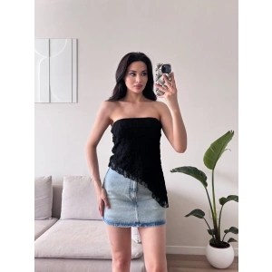 Asimetrik Dantel Crop - SİYAH