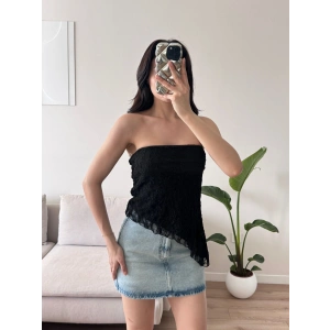 Asimetrik Dantel Crop - SİYAH