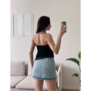 Asimetrik Dantel Crop - SİYAH
