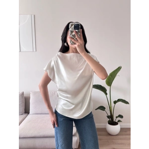 Kayık Yaka Saten Bluz - BEYAZ