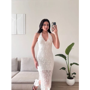 Boyun Bağlamalı Güpürlü Elbise - BEYAZ