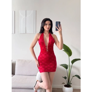 Biyeli Boyun Bağlamalı Elbise - KIRMIZI