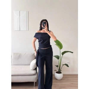 Çizgili Düşük Omuz Üçlü Takım - LACİVERT