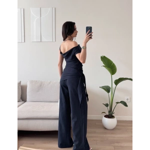 Çizgili Düşük Omuz Üçlü Takım - LACİVERT