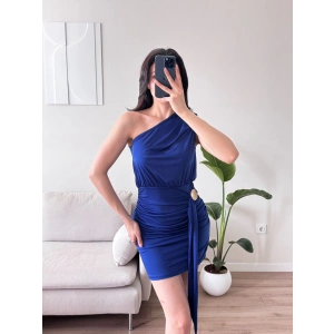 Tek Omuz Kuşaklı Elbise - SAKS MAVİSİ