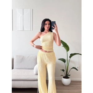 Tek Omuz Crop & Pantolon Takım -  SARI