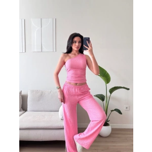 Tek Omuz Crop & Pantolon Takım - PEMBE