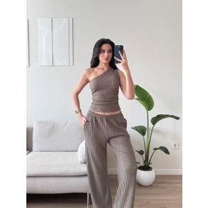 Tek Omuz Crop & Pantolon Takım - VİZON