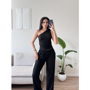 Tek Omuz Crop & Pantolon Takım - SİYAH