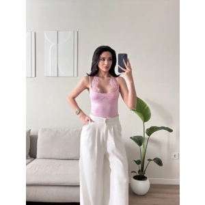 Boyun Geçmeli Güpürlü Bodysuit - PEMBE