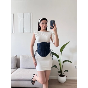 Bel Korse Detay Elbise - BEYAZMAVİ