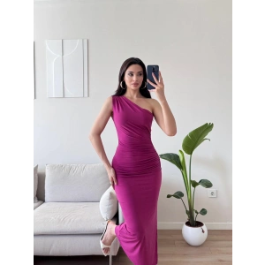 Omuz Detay Drapeli Elbise - FUŞYA