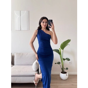 Omuz Detay Drapeli Elbise - SAKS MAVİSİ