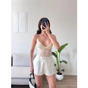 Askılı Dantel Bodysuit - EKRU