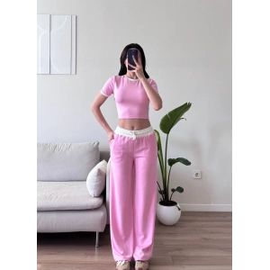Biyeli Crop & Pantolon Takım - PEMBE