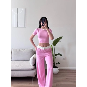 Biyeli Crop & Pantolon Takım - PEMBE