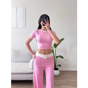Biyeli Crop & Pantolon Takım - PEMBE