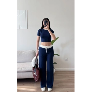 Biyeli Crop & Pantolon Takım - LACİVERT