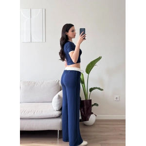 Biyeli Crop & Pantolon Takım - LACİVERT