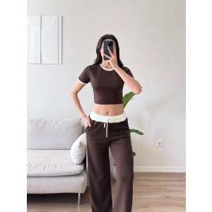 Biyeli Crop & Pantolon Takım - KAHVE