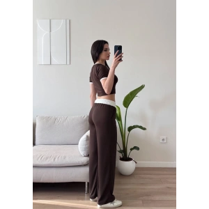 Biyeli Crop & Pantolon Takım - KAHVE