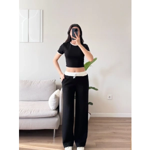 Biyeli Crop & Pantolon Takım - SİYAH