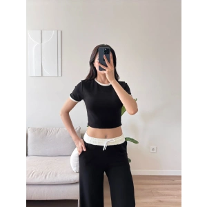 Biyeli Crop & Pantolon Takım - SİYAH