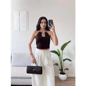 Boyun Aksesuar Bağlamalı Crop - KAHVE