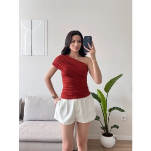 Tek Omuz Büzgülü Bluz - KIRMIZI