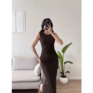 Yırtmaç Detay Büzgülü Elbise - KAHVE