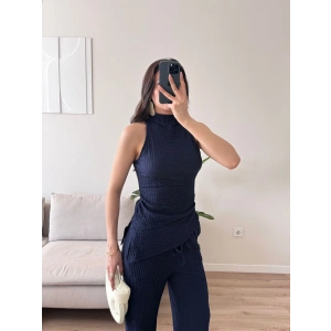 Dik Yaka Asimetrik Bluz & Pantolon Takım - LACİVERT