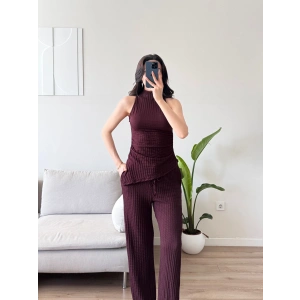 Dik Yaka Asimetrik Bluz & Pantolon Takım - MÜRDÜM