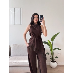 Dantel Detay Bluz & Balon Pantolon Takım - KAHVE