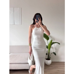 Halter Yaka Aksesuarlı Elbise - BEYAZ
