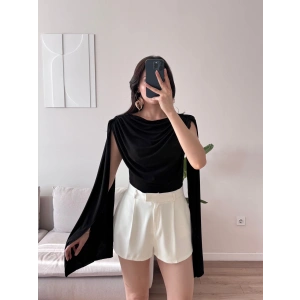 Drapeli Pelerin Bodysuit - SİYAH