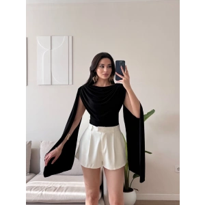 Drapeli Pelerin Bodysuit - SİYAH