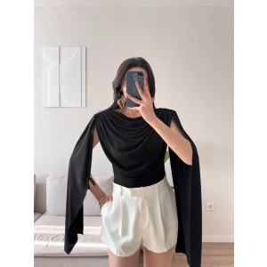 Drapeli Pelerin Bodysuit - SİYAH