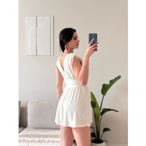V Yaka Bel Oturtmalı Mini Elbise - BEYAZ