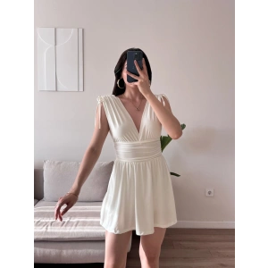 V Yaka Bel Oturtmalı Mini Elbise - BEYAZ