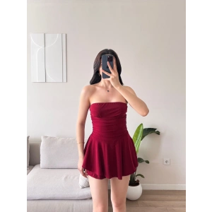 Straplez Volanlı Şortlu Elbise - BORDO