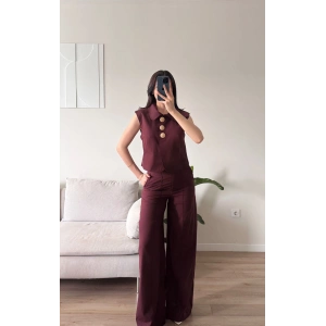 Gold Düğme Yelekli Pantolon Takım - BORDO