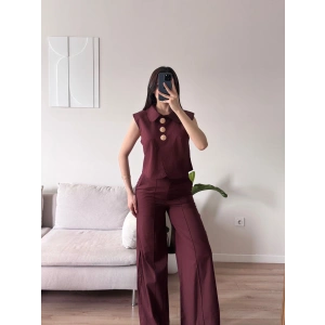 Gold Düğme Yelekli Pantolon Takım - BORDO